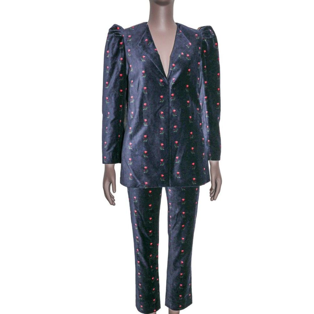 Something Navy Floral Velvet 2 Piece Suit Women’s Blazer Pants Set XS